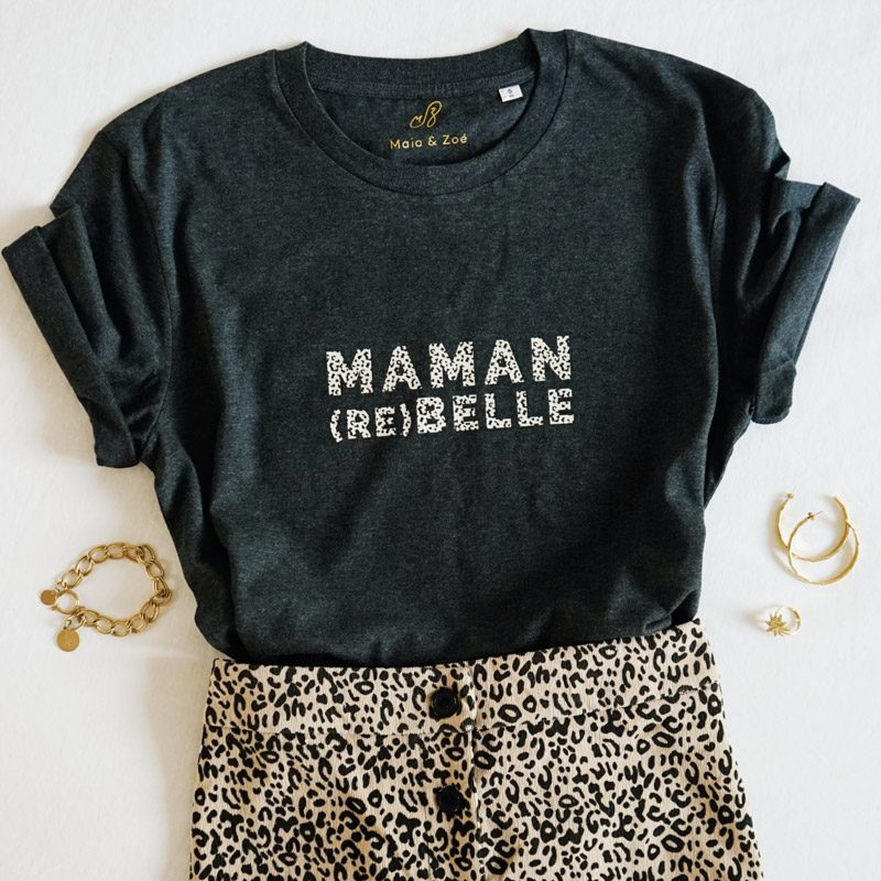 T-shirt maman rebelle leopard et gris chiné. Cadeau idéal pour maman pour Noël