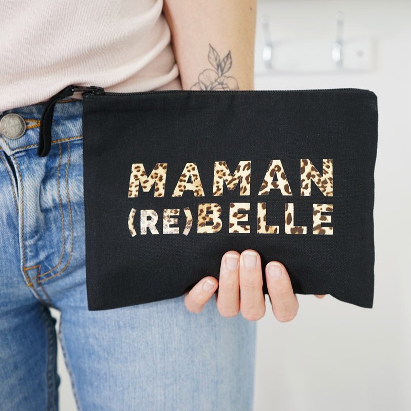 pochette noire Maman rebelle leopard, cadeau pour fête des mères ou anniversaire maman