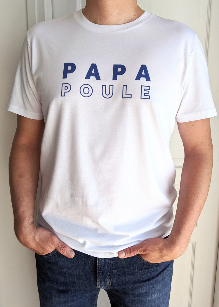 T-shirt papa poule blanc, cadeau à offrir à un homme pour la fête des pères ou pour une naissance. Disponible pour tous les dad of one, dad of two, dad of three