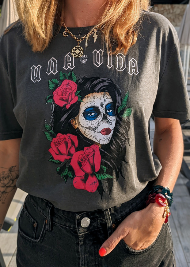 T-shirt vintage Una Vida, la catrina del dia de los muertos, création originale Maia et Zoé