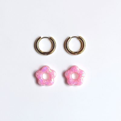 Mini créoles fleurs Hibiscus - Bubble gum